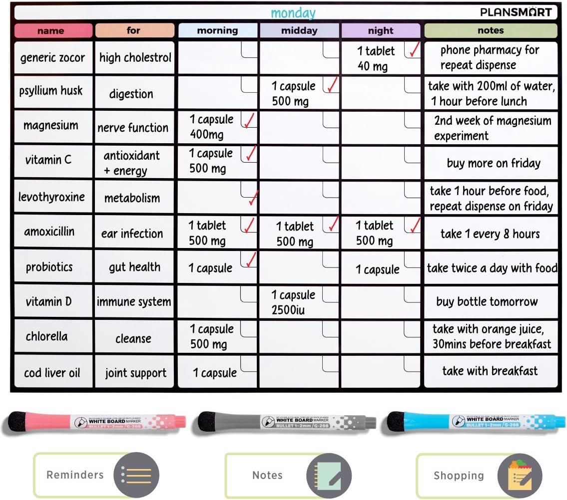 17 x 11.5" Magnetic Dry Erase Checklist Whiteboard for Fridge by Plan Smart - Ideal as a Medication, Supplements and Medicine Daily Tracker/Chart Board - Bonus: 3 Quality Dry Erase Markers