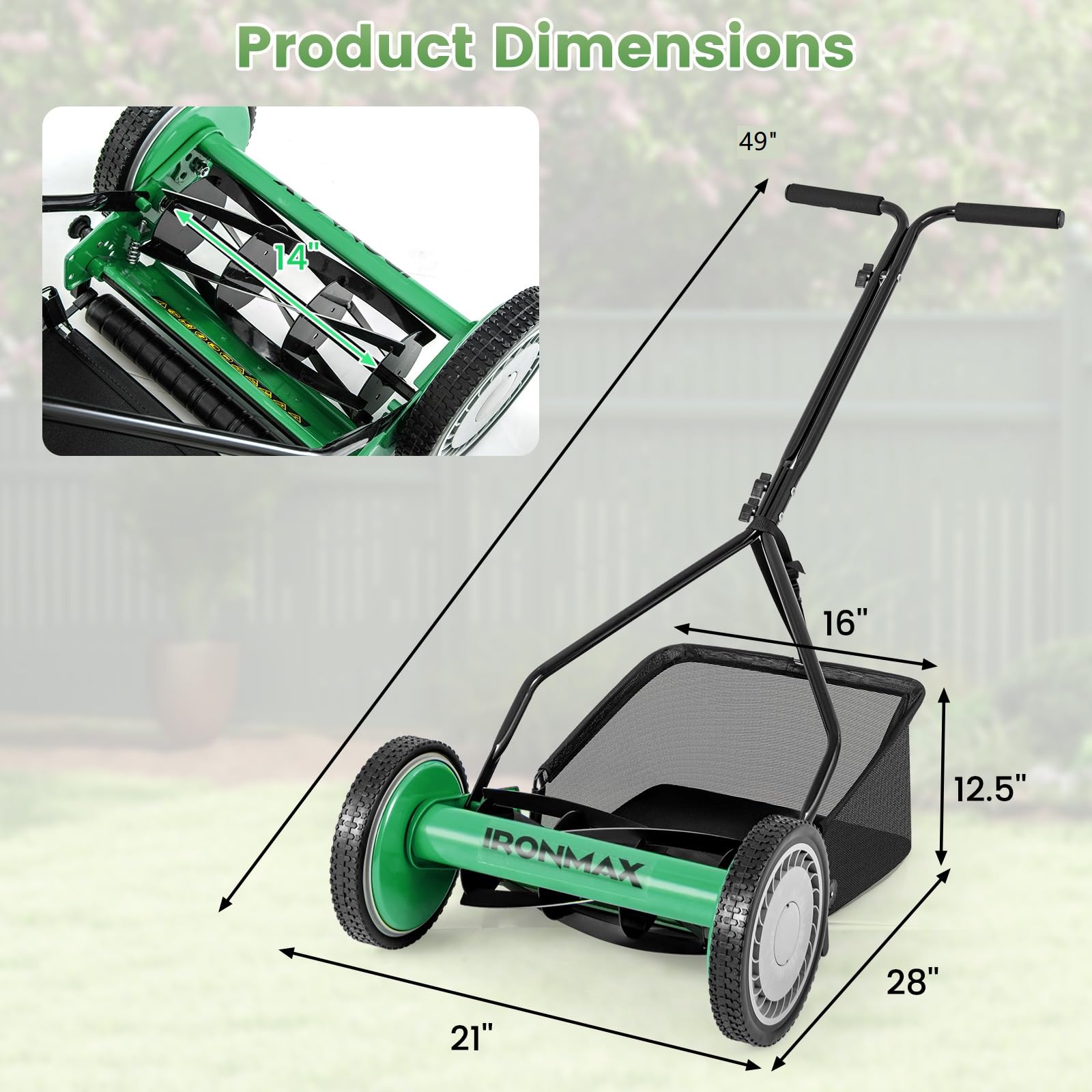 Goplus Cortacésped manual, cortador de césped inalámbrico de 14 pulgadas y 5 cuchillas con bolsa extraíble de 6.6 galones, alturas de corte ajustables, cortacésped de carrete de empuje para patio
