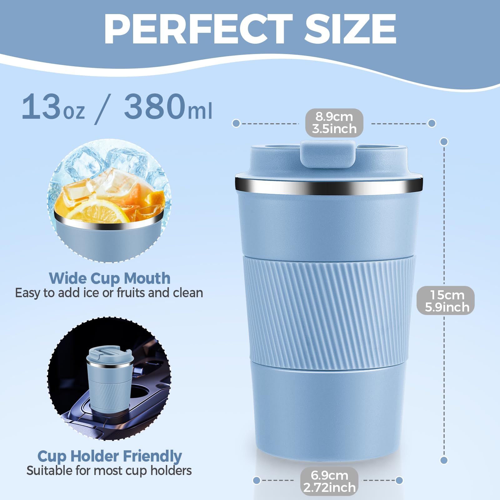 Volhoply 380ml 13oz Stainless Steel Insulated Travel Coffee Mug with Fip Lid Bulk 2 Pack,Reusable Double Wall Vacuum Metal Coffee Cup,Portable Leak Proof Tumbler for Hot & Cold Drinks(Fog,2) - Image 2