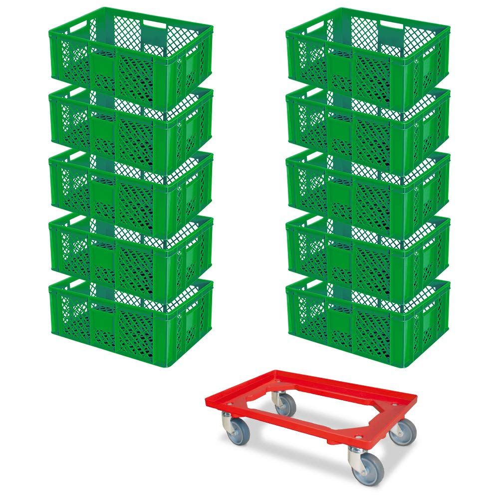 Produktbild von BRB 10 Eurobehälter 600x400x240 Mm Lebensmittelecht, Grau + 1 Transportroller Rot – 43 Liter, Stapelbar, Spülmaschinenfest
