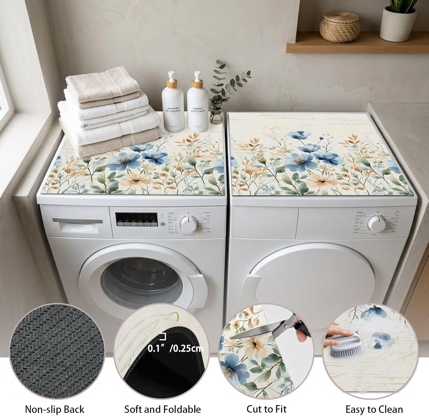 Washer and Dryer Topper Protector Mat 23.6"x19.7", Blue Spring Floral Non-Slip Washing Machine Top Cover, Diatomite Dustproof Washer Dryer Topper for Laundry Room Organization Summer Botanical Vintage image 2