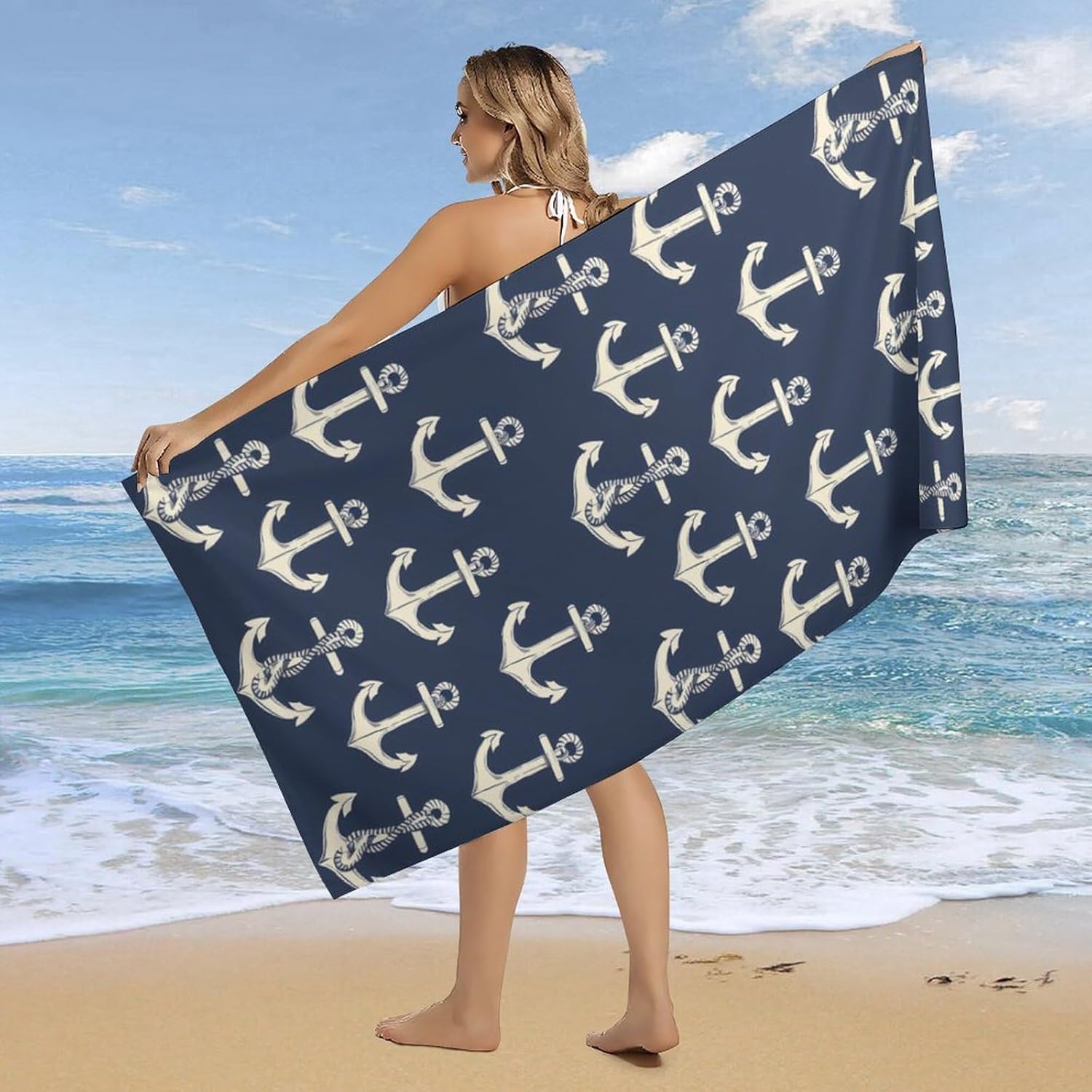 Anchors Nautical Pattern Bath Towel Beach Towels Quick Dry Oversized Bath Blanket Highly Absorbent Towel for Women Men 160x80cm
