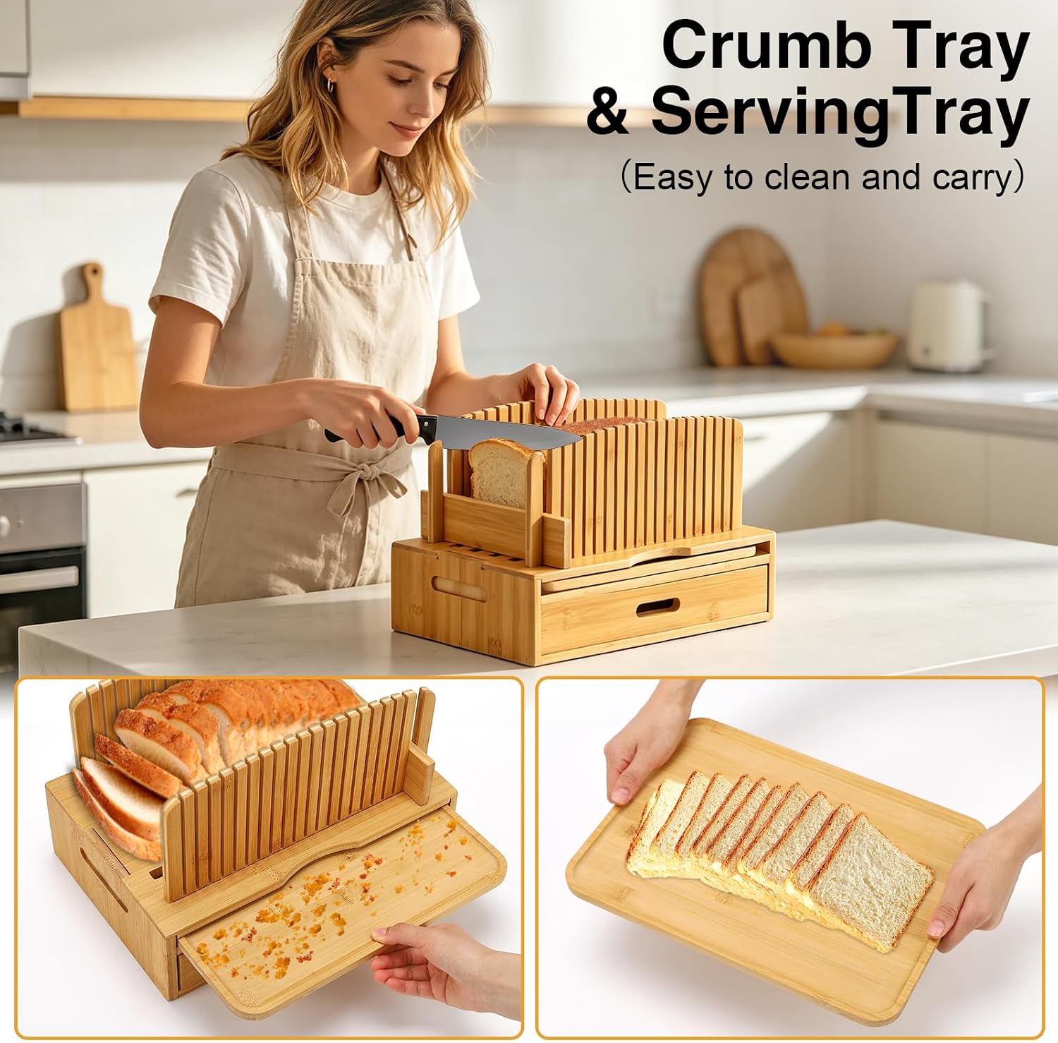 Bamboo Bread Slicer for Homemade Bread, Wilupry Bread Cutter Guide with Crumb Tray Adjustable Foldable for Sourdough Rounds Loaf Sandwich