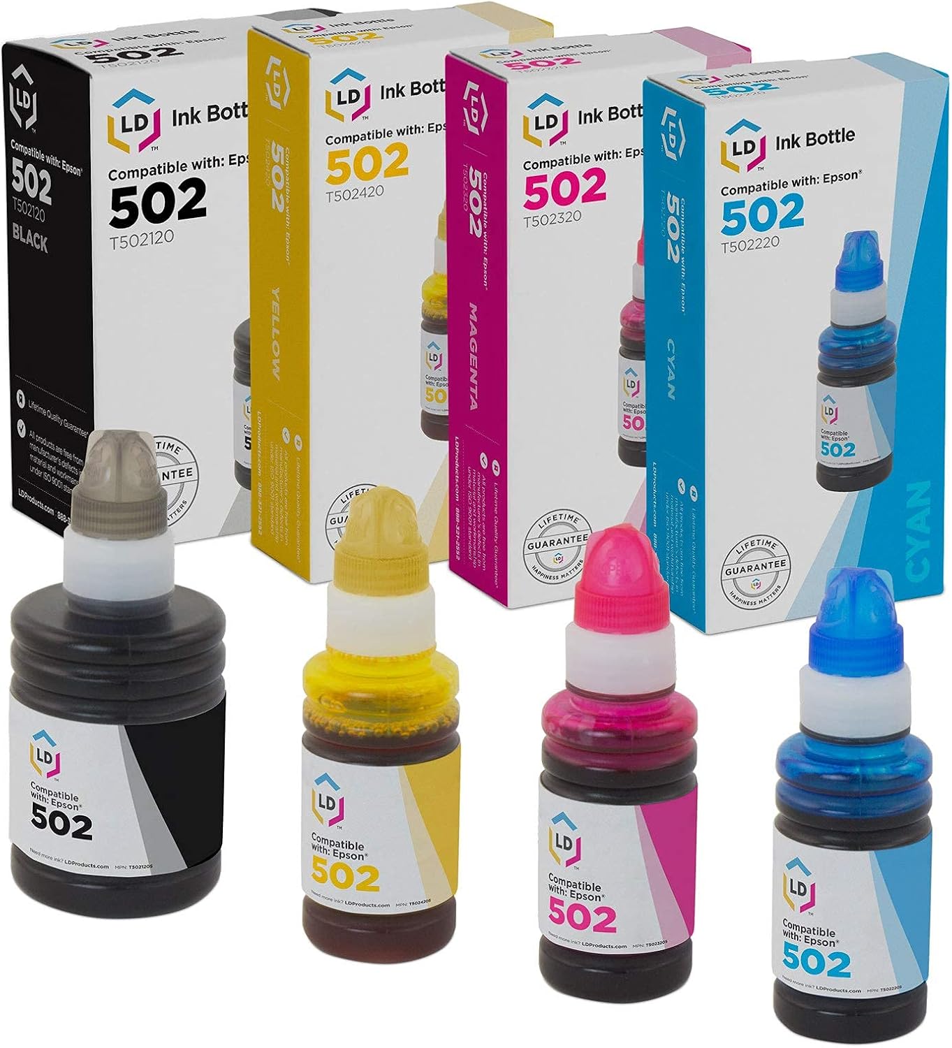 LD Products Compatible Ink Bottle Replacement for Epson 502 (4 Set - Black, Cyan, Magenta, Yellow) for use in Epson ET Series, Expression and Workforce