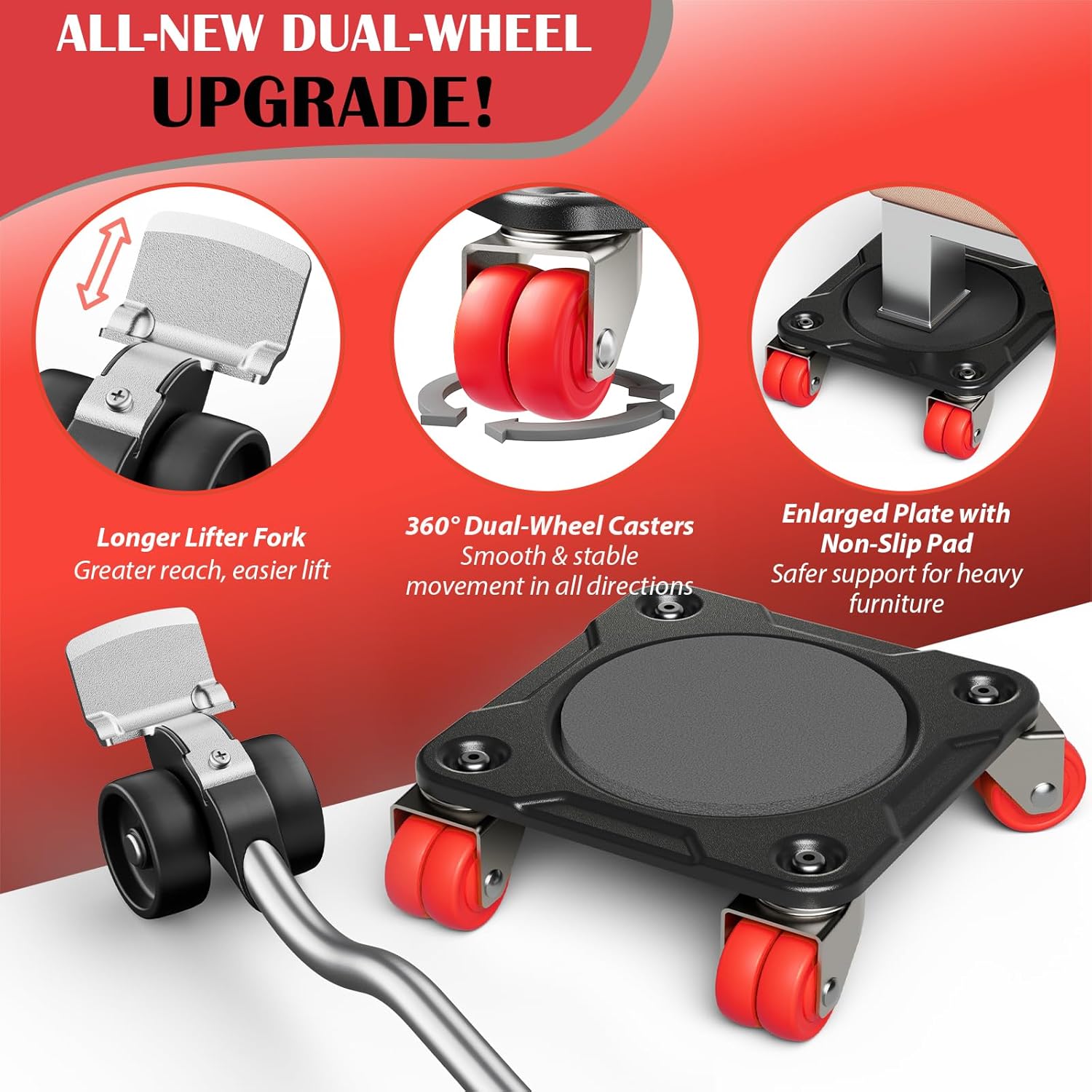 Heavy Duty Furniture Movers with 8 Wheels, Dual-Wheel Caster Square Dollies with Furniture Lifter and Base, 360° Swivel Casters, Non-Slip Pads, Up to 3500 lbs Load Capacity