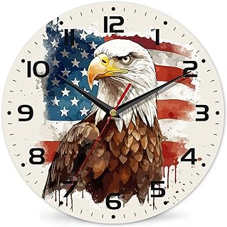 4th of July American Flag Wall Clock - Watercolor Bald Eagle Contemporary Home Decor - 10 Inch Easy to Read Clock for Living Room, Bedroom, Bathroom and Kitchen