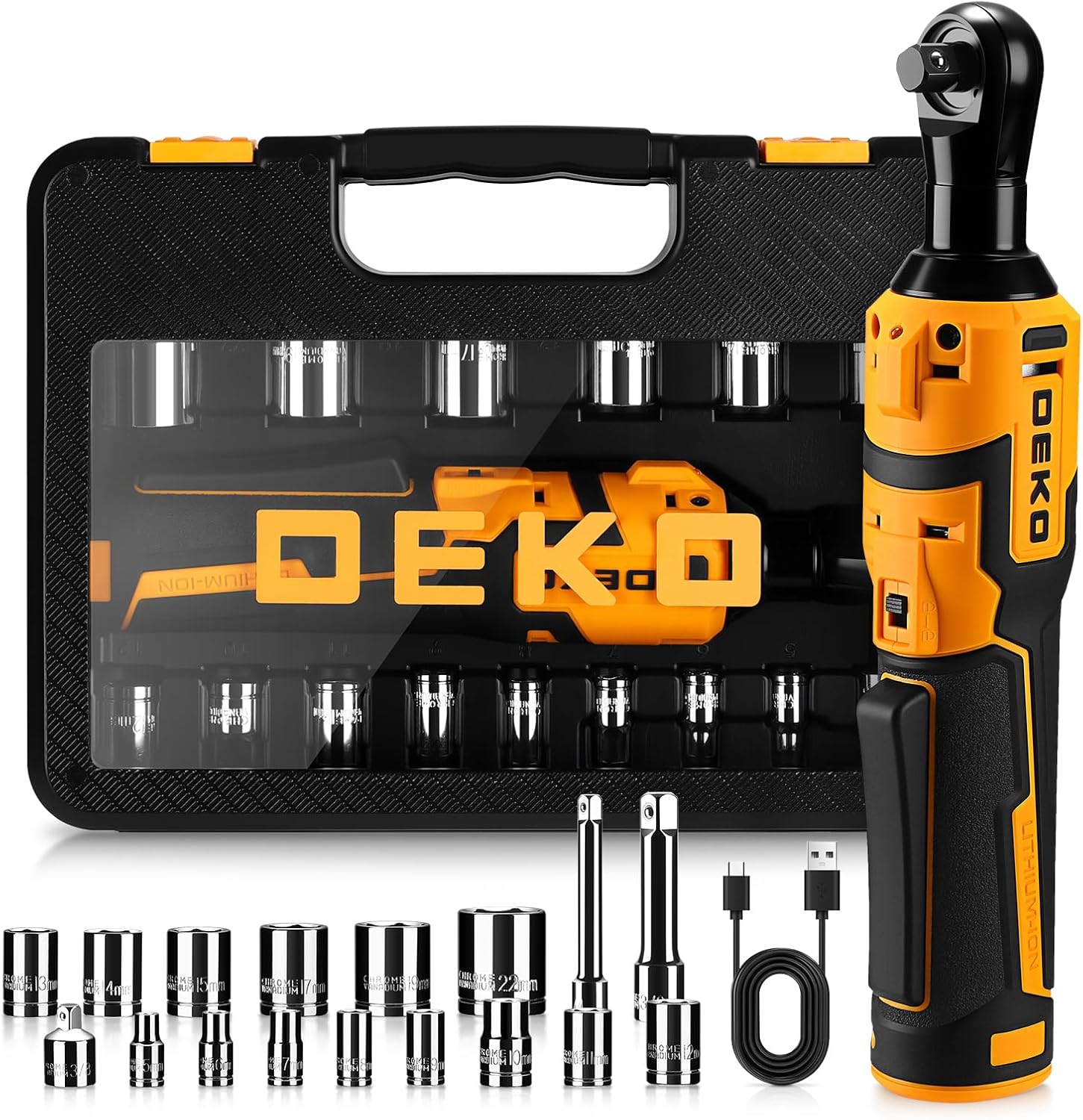 DEKOPRO Cordless Electric Ratchet Wrench Set 3/8" 450RPM Power Ratchet Tool Kit, 19Pcs Cordless Ratchets Wrench Set with Variable Speed,14 Sockets,3/8" to1/4 Adapter,2 Extension Bars, Charging Line