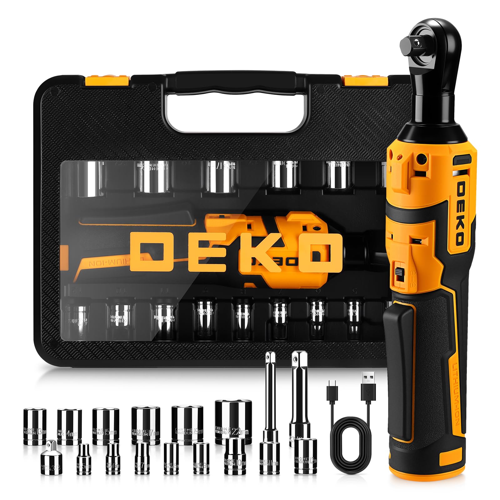 DEKOPRO Cordless Electric Ratchet Wrench Set 3/8" 450RPM Power Ratchet Tool Kit, 19Pcs Cordless Ratchets Wrench Set with Variable Speed,14 Sockets,3/8" to1/4 Adapter,2 Extension Bars, Charging Line
