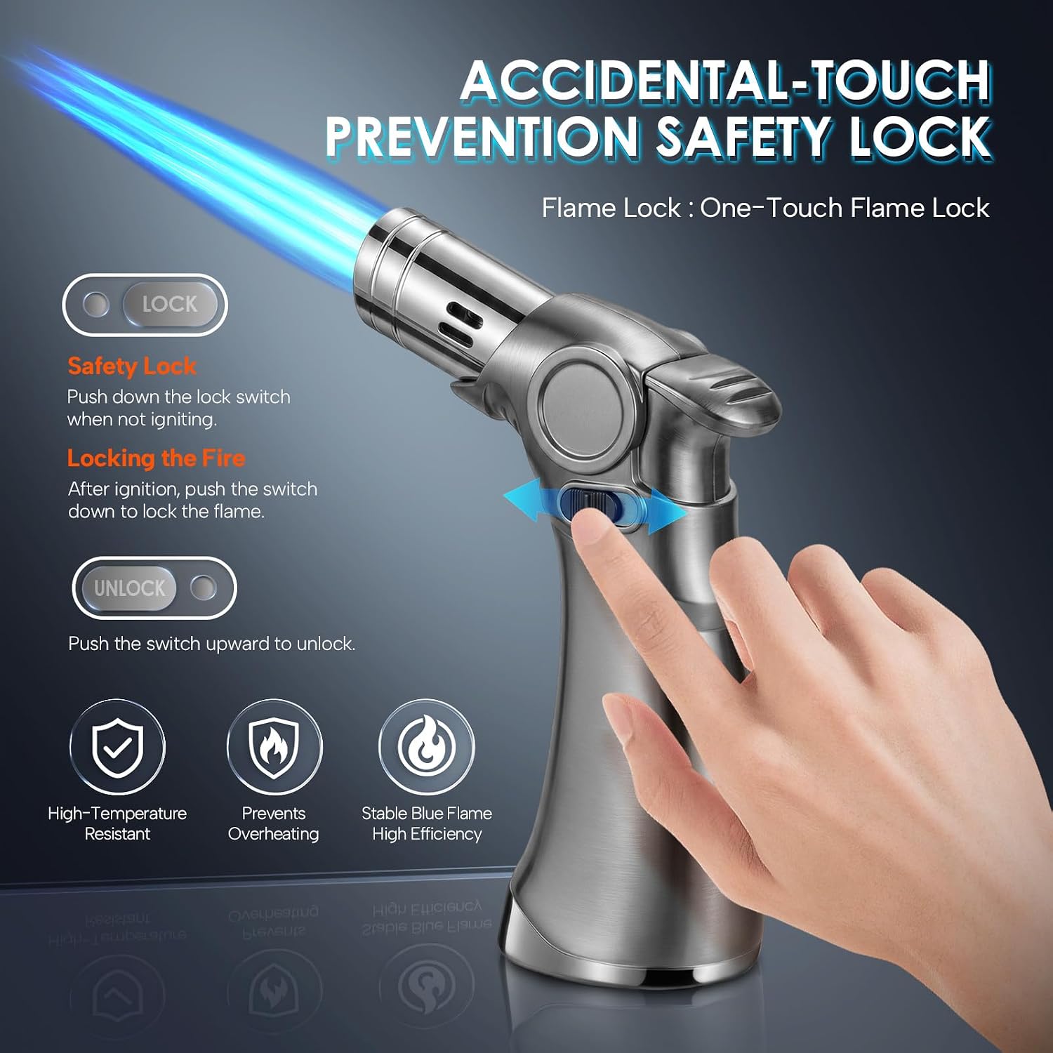 3 Jet Torch Lighter, Windproof Butane Refillable Cigar Lighter with Flame Lock, Professional Culinary Blow Torch for BBQ, Baking & Soldering, Zinc Alloy (Gunmetal)