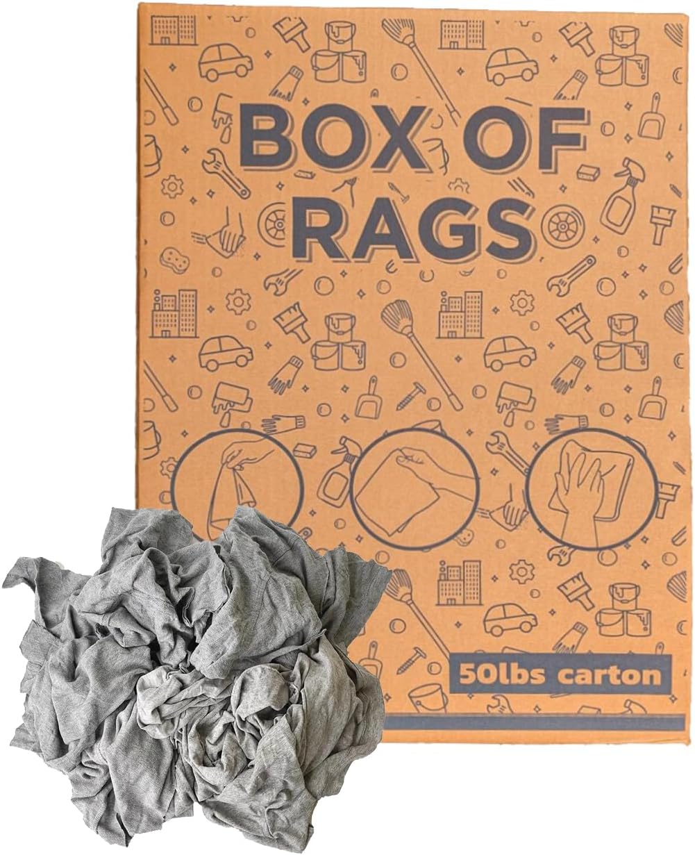 Recycled Gray T-Shirt Rags (25 lb. Box) – Bulk Recycled Cotton Cloths for Cleaning Wood, Oil, Paint, and Dirt – Designed for Industrial Use, Janitorial Tasks & Surface Maintenance