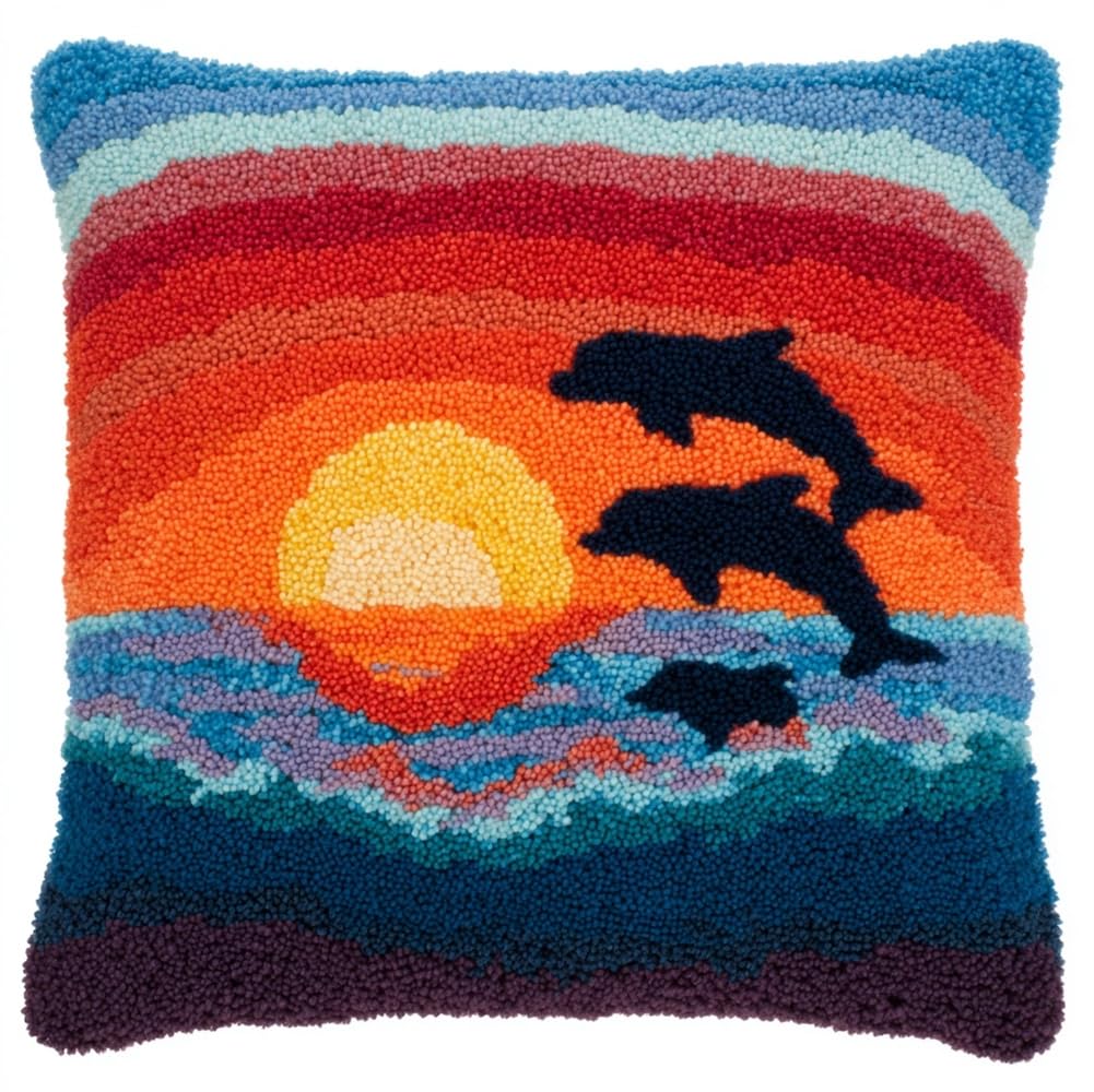 kitphoenix Latch Hook Kits for Adults -Sunset Dolphin Latch Hook Pillow Kits for, Crochet Yarn Kit for Beginners, DIY Needlework Crafts Cover Case with Printed Canvas 17X17Inch