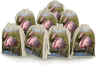 VstaDank Pink Flame Perching on The Marsh Small Burlap Bags with Drawstring | 5x7 Inch Jute Bag Reusable Cotton Linen Gift Bags Beautiful Jewelry Pouches Sacks for Wedding,Party, Valentine Decor, 8Pcs