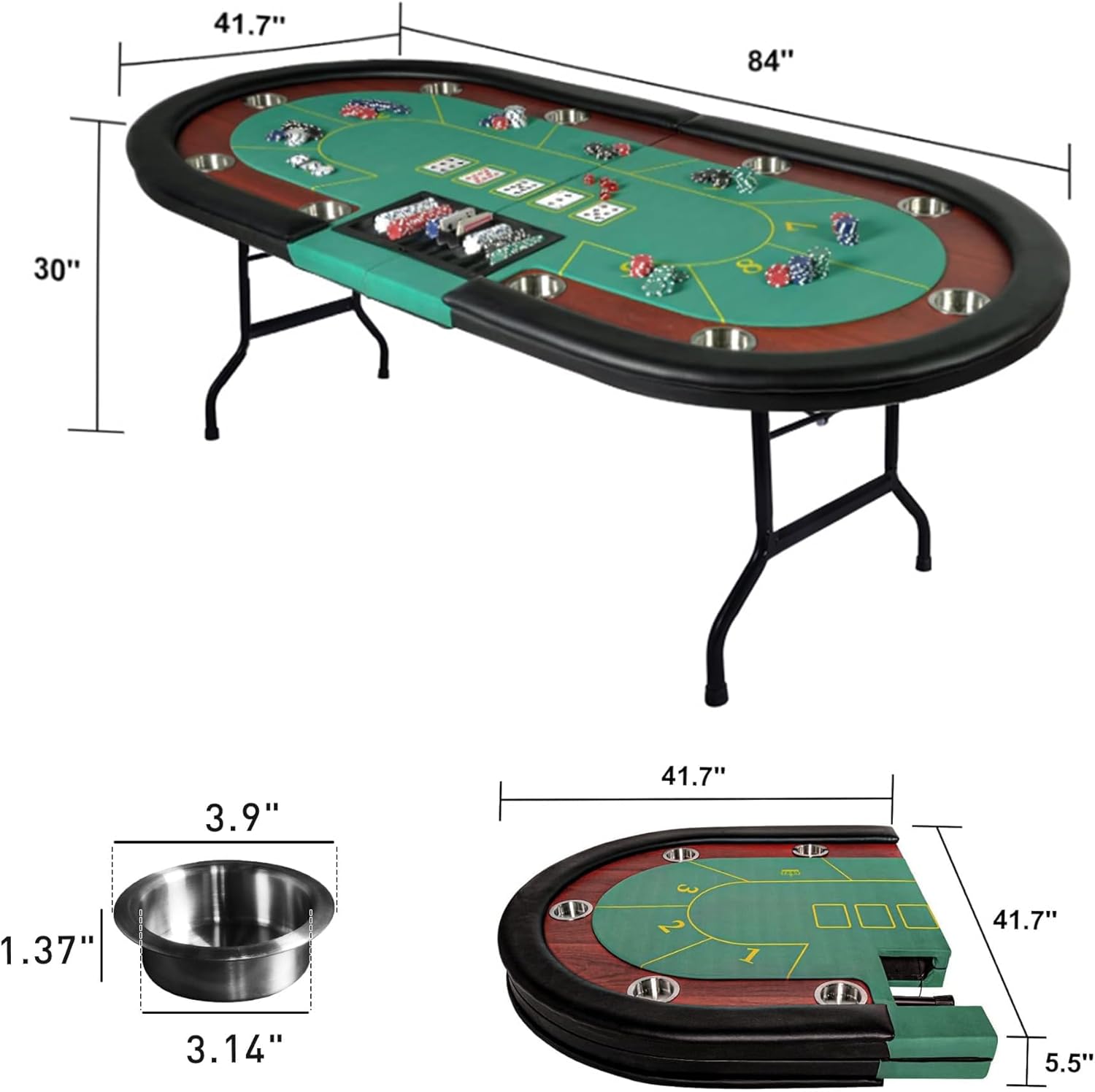 Premium 10 Player Foldable Poker Table with Cup Holders, 84" Portable Texas Holdem Poker Table with Chip Tray, Folding Casino Leisure Card Board Game Table with Padded Rails, Stylish Green