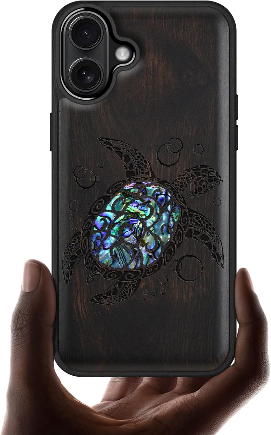 Carveit Magnetic Case for iPhone 16 Plus Case, Wood Artisan Engraved & Handmade Shell Inlaid, TPU Shockproof Cover, Compatible with MagSafe Wireless Chargers (Sea Turtle) Blackwood