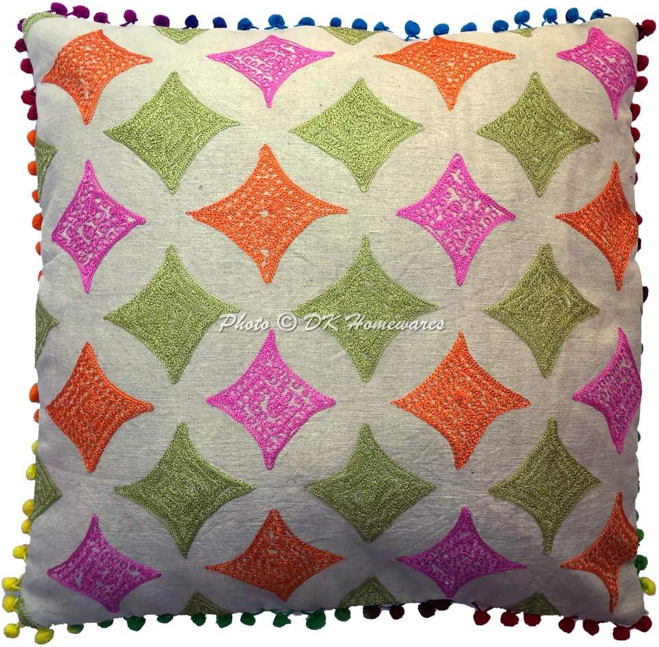 Indian Decorative Sofa Throw Pillowcases 16 x 16 Inch Cotton Terry Weave Embroidered Floral Bohemian Square Couch Cushion Covers (Size - 40x40 cm ; Color: Multi Color) - Set of 4 Pcs