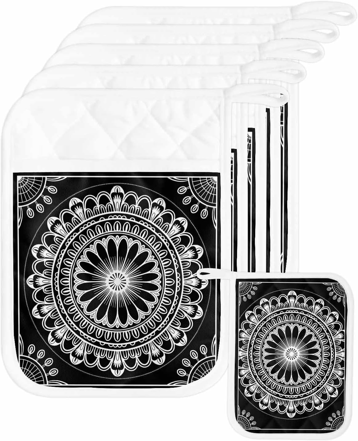 Pot Holders with Pockets, Heat-Resistant Hot Pads for Kitchen, Classic Black and White Mandala Pattern Oven Mitts Pot Holders Sets Potholders for Baking Cooking Pack of 5