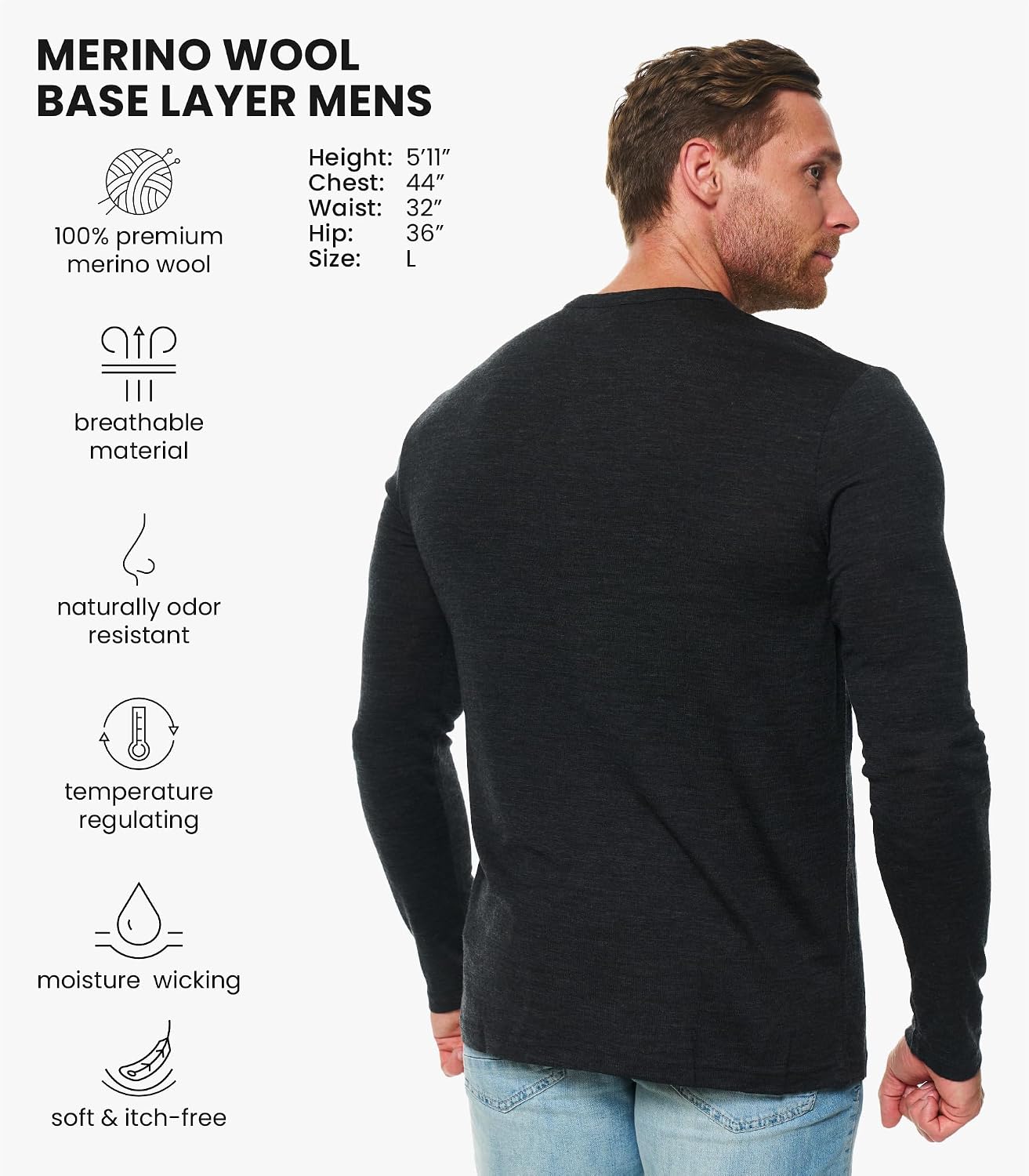 Merino Wool Base Layer Mens - 100% Merino Wool Shirts for Men Thermal Underwear Long Sleeve T-Shirt for Hiking Hunting