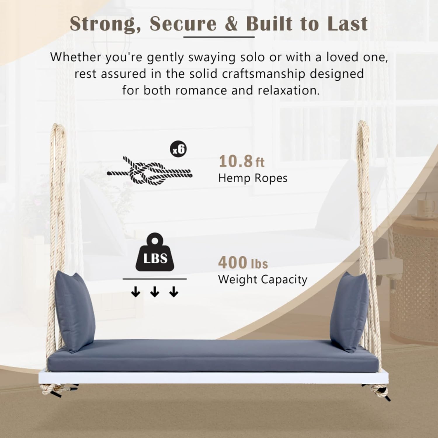 Patio Wooden Swing Chair Hanging Porch Bench Includes Cushion Pillows 10.8Ft Hemp Ropes Garden Backyard Lawn Outdoor Relaxation Comfort Seating Furniture Natural Acacia Design (White)