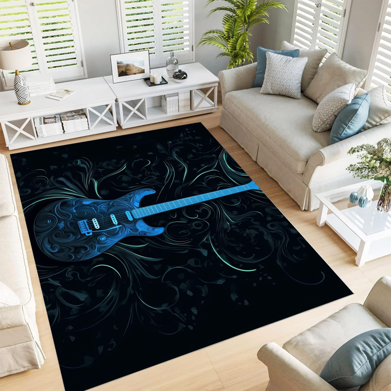 Tapis guitare électrique lavable bleu marine 90x150cm chambre