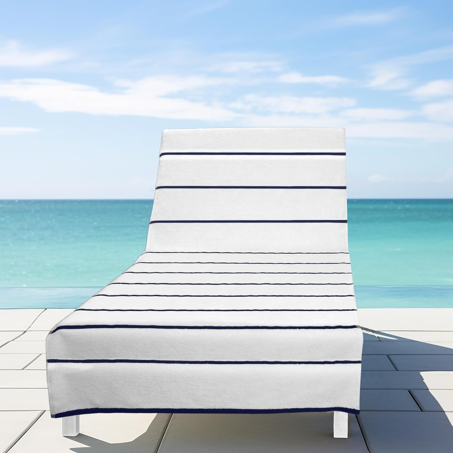 COTTON CRAFT Pool Lounge Chair Cover - 2 Pack Terry Towel Chaise Lounge Cover - Soft Cotton Absorbent Striped Towel Beach Chair Cover - Oversized 32 in W x 82 in Length x 7 in Pocket – White Blue