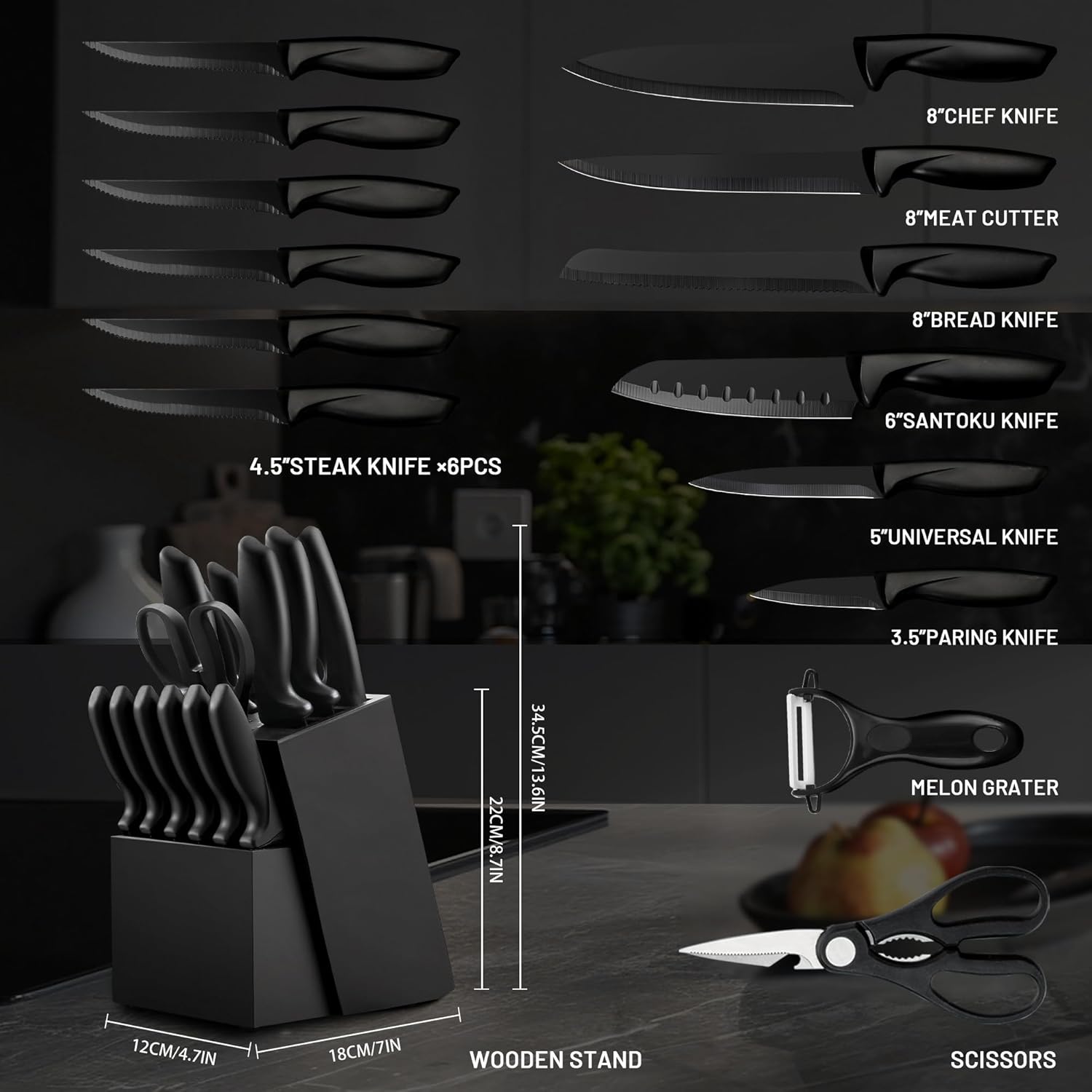 Knife Set, KroWallu 16 Pieces Knife Sets for Kitchen with Block, Dishwasher Safe Kitchen Knife Set with Built-in Sharpener, Japanese Stainless Steel Black Knife Block Set
