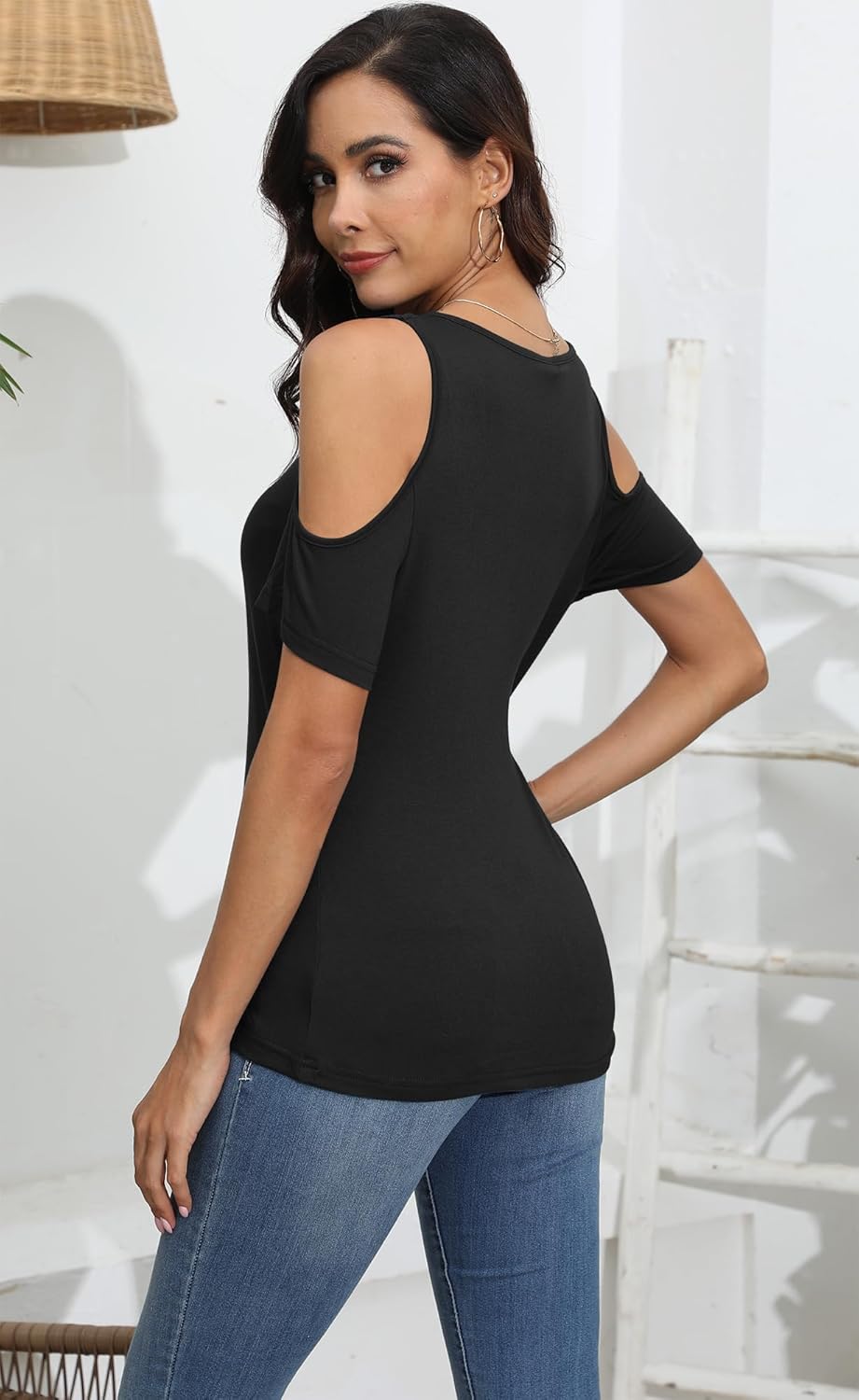 Soesdemo Women Summer Tops Scoop Neck Cold Shoulder Short Sleeve 2024 Loose Fit Basic Tee Shirts - Image 4