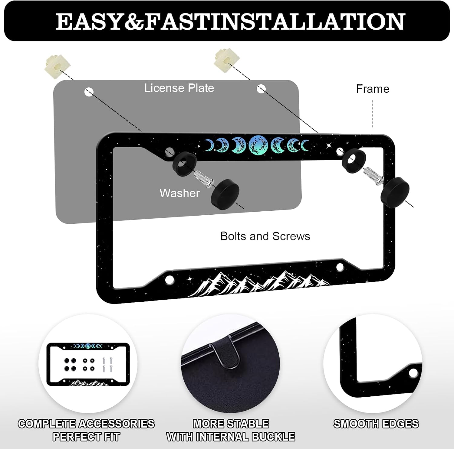 Moon Phase License Plate Frame - 2PCS Mountain Personalized Funny Aluminium Metal License Plate Holder, Rust-Proof Waterproof Car Decorative Tag Frames image 3