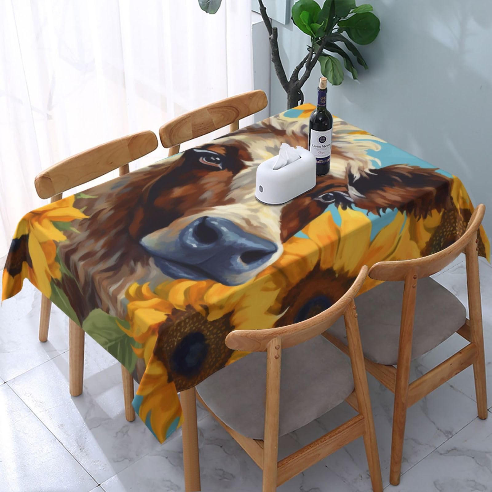 WPKJU Cow with Sunflowers in Blue Printed Tablecloth Water Resistant Table Cover Washable Rectangle Table Cloth for Tables 54x72 in