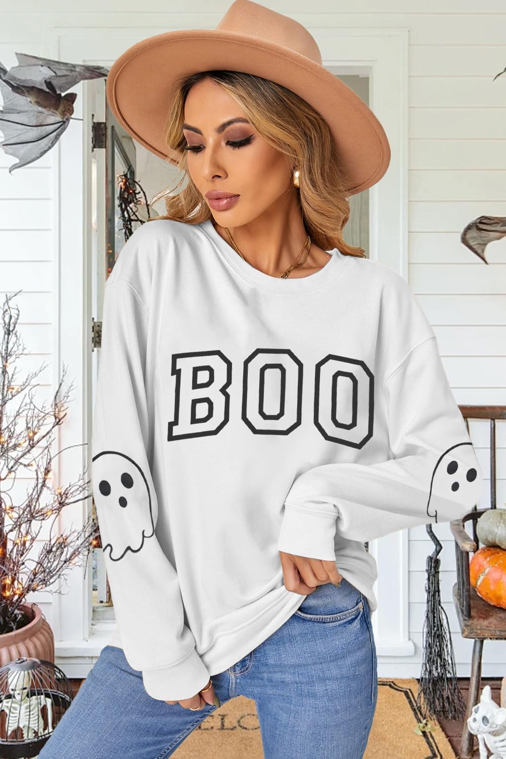 Halloween Sweatshirt for Women Boo Graphic Long Sleeve Shirt Crew Neck Ghost Fall Pullover Tops - Image 3