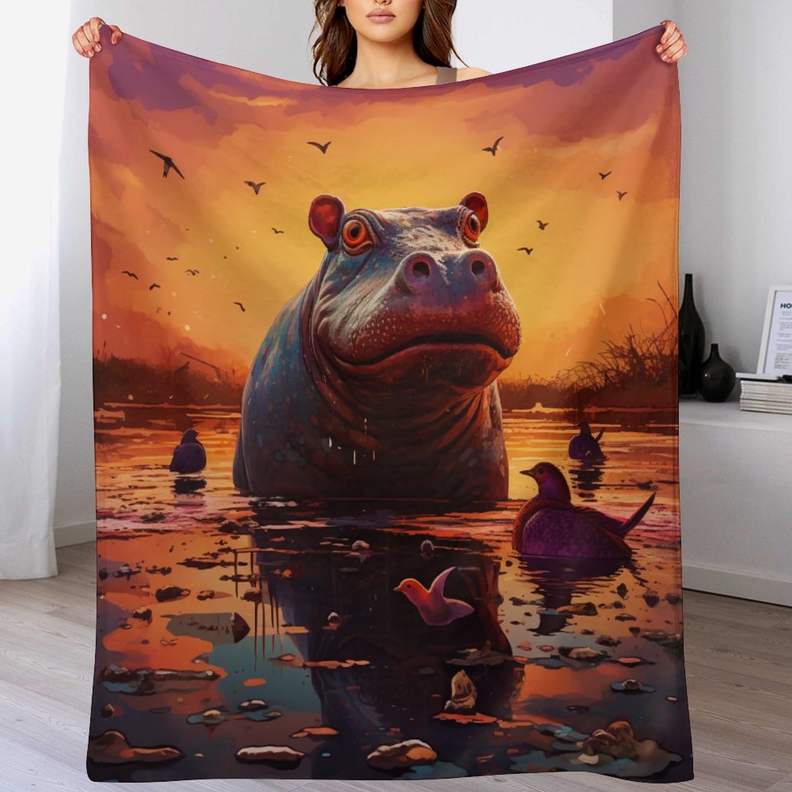 GGJJTT Hippo Fleece Throw Blanket, Soft Microfiber Fluffy Flannel Blanket for Bed Sofa Couch Settees, Kids Adult Gift Travel100×130cm