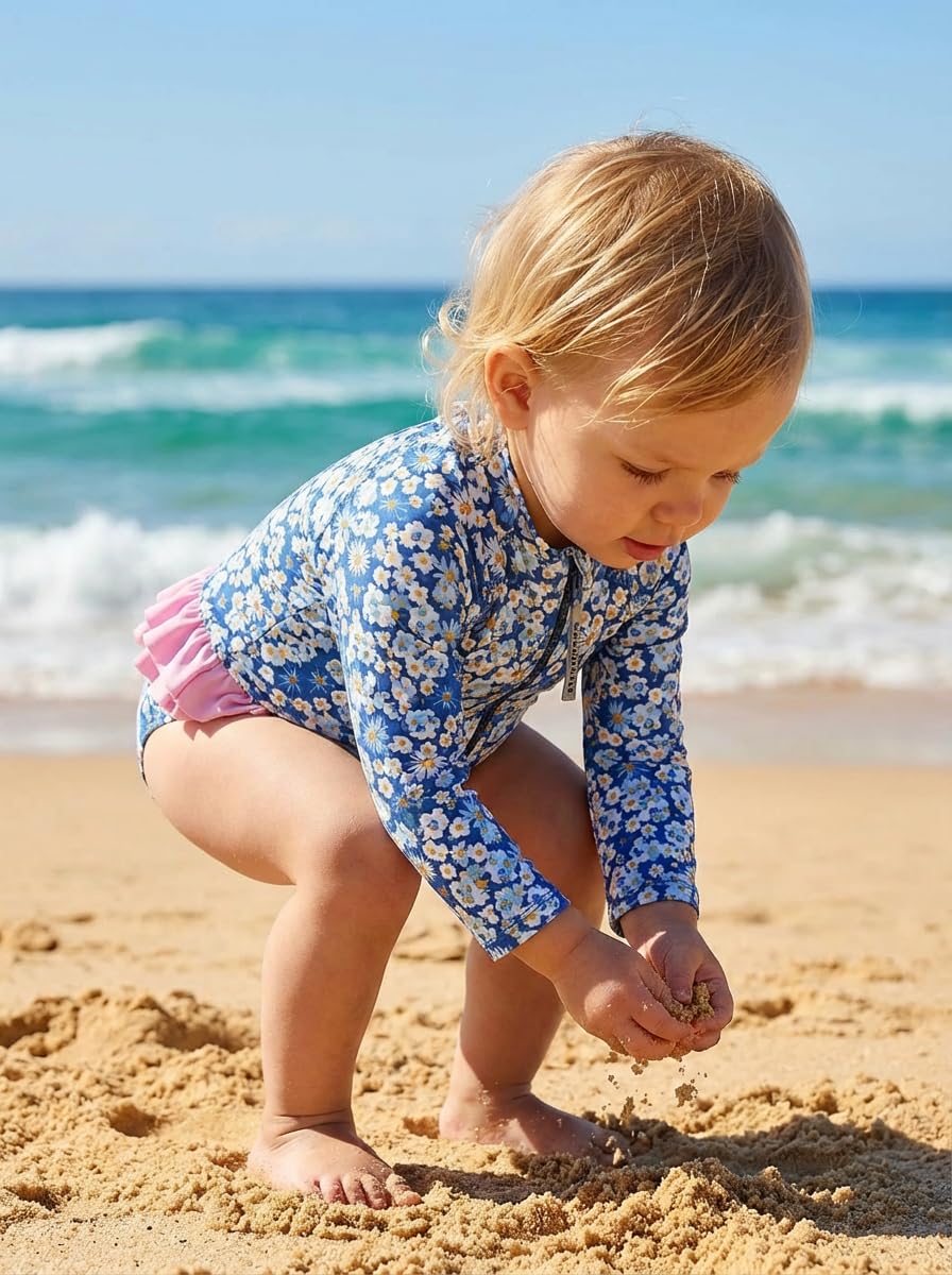 BONVERANO Maillot de Bain Une pièce à Manches Longues pour bébés Filles Protection UV 50+ avec Bonnet de Bain