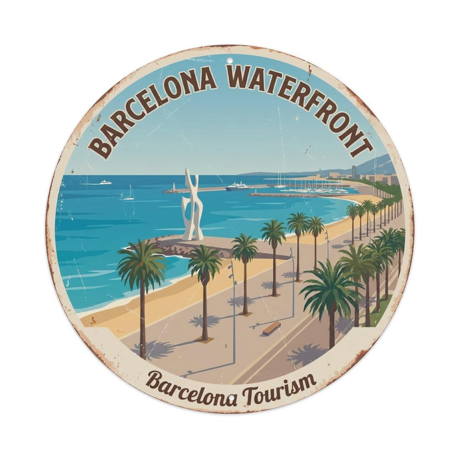 Barcelona Waterfront Spain Tourism Vintage Coastal Cityscape Metal Tin Sign Plaque Wall Decor for Cafe, Man Cave, Club Bar, Office, Home Garden Round Metal Poster 8x8Inch