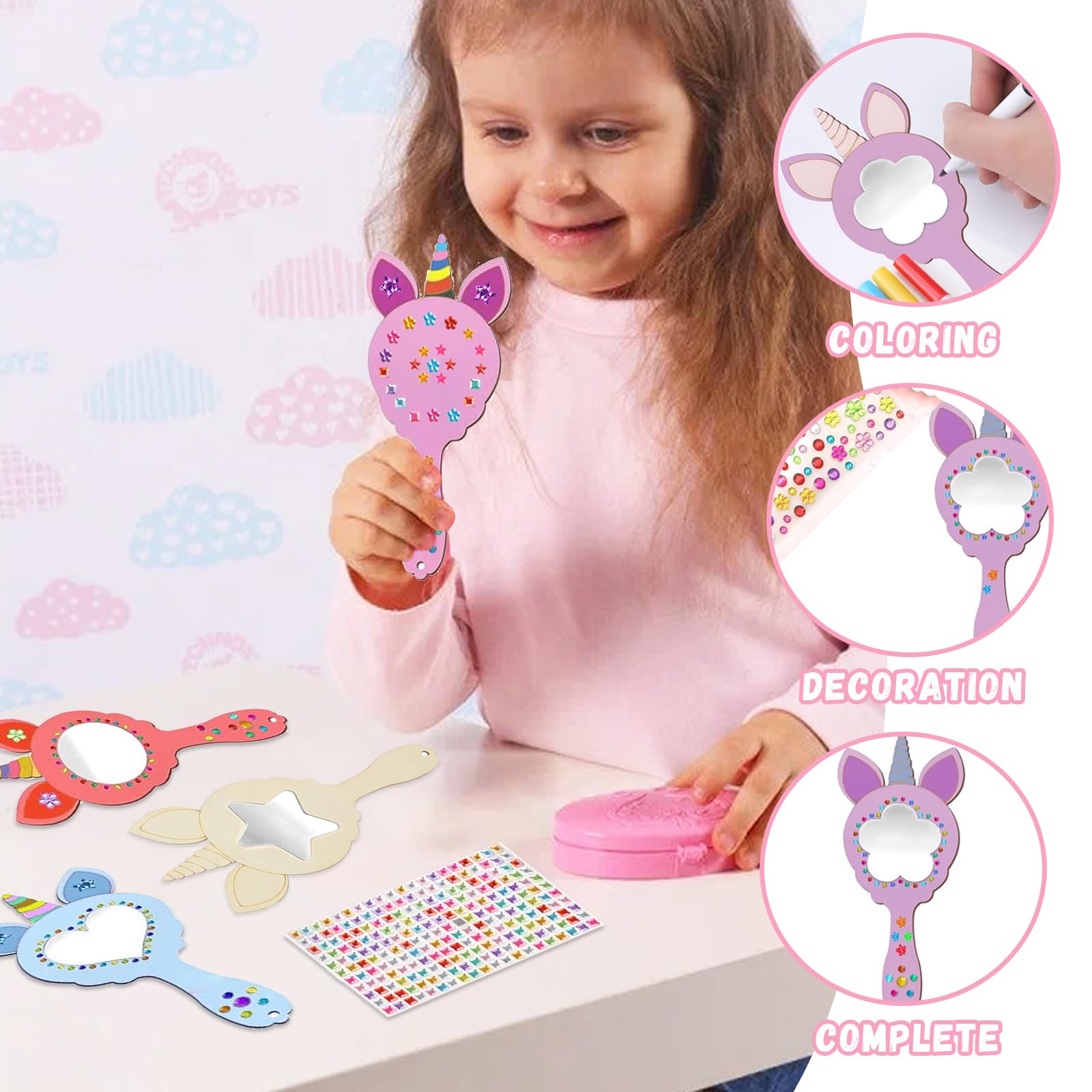 Einhorn Spiegel Bastelset Aus Holz – 24 Teile Mit 4 Motiven Zum Bemalen, DIY Handwerk Für Mädchen & Kindergeburtstag