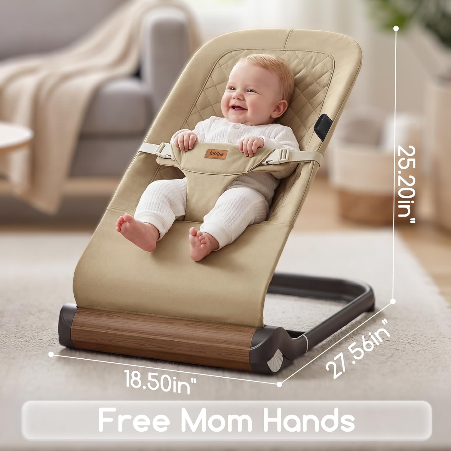 Foldable Baby Bouncer Seat - Portable Infant Bouncer with Adjustable Height, Khaki Polyester Modern khaki