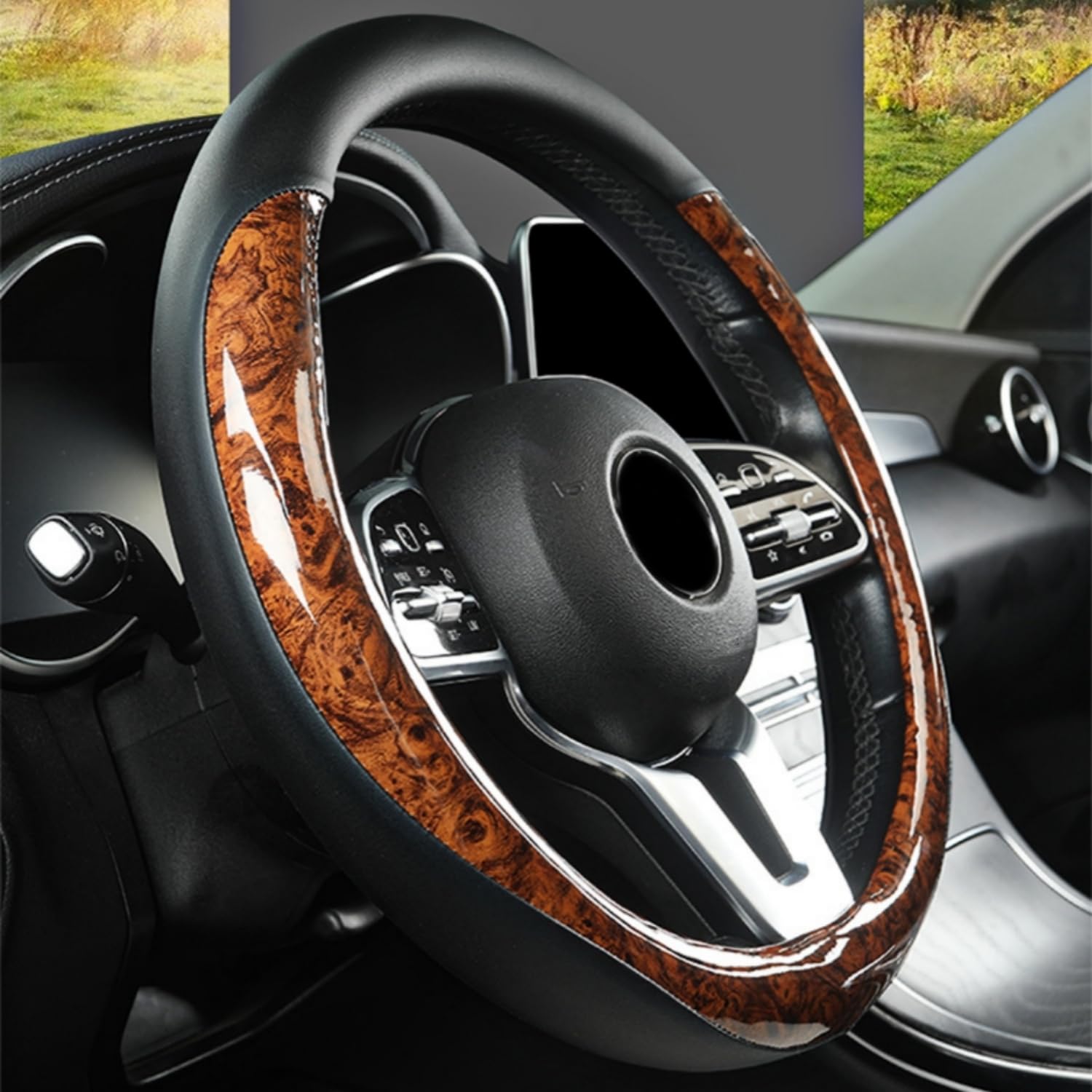 Funda para volante de cuero de microfibra transpirable antideslizante protector universal de 14.5 a 15 pulgadas, accesorios interiores de automóvil para mujeres y hombres, color negro