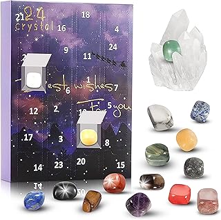 Gemstone Advent Calendar - 2022 Advent Calendar for Kids with 24 Gemstones - Complete 24 Days Rocks Collection - Christmas Countdown Calendar with Mini Gemstone Dig Kit and Storage Pouch