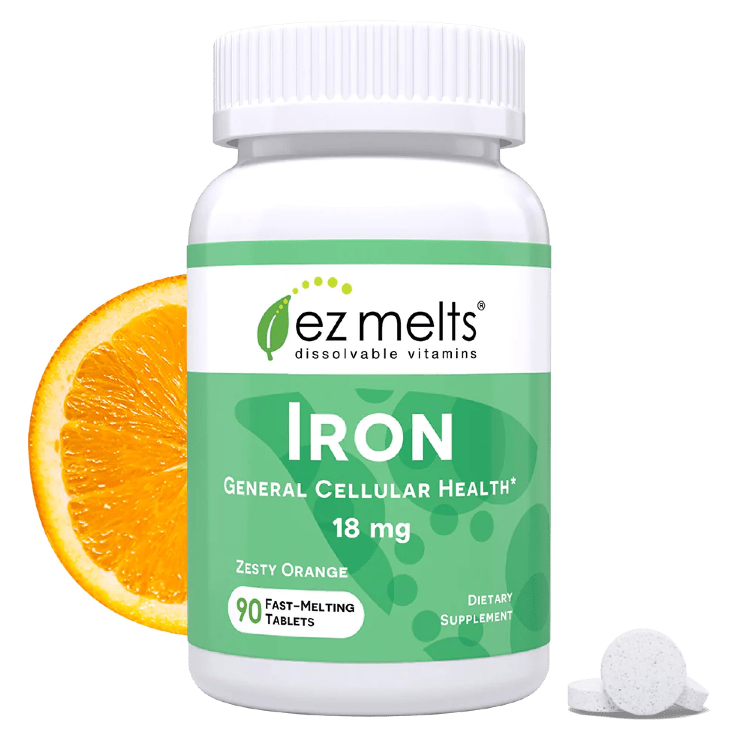 EZ Melts Iron - Supplement for Daily Energy & Iron Support - with Vitamin C - No Artificial Flavors - Non-GMO & Vegan - Zesty Orange - 90 Dissolvable Tablets (90 Servings)