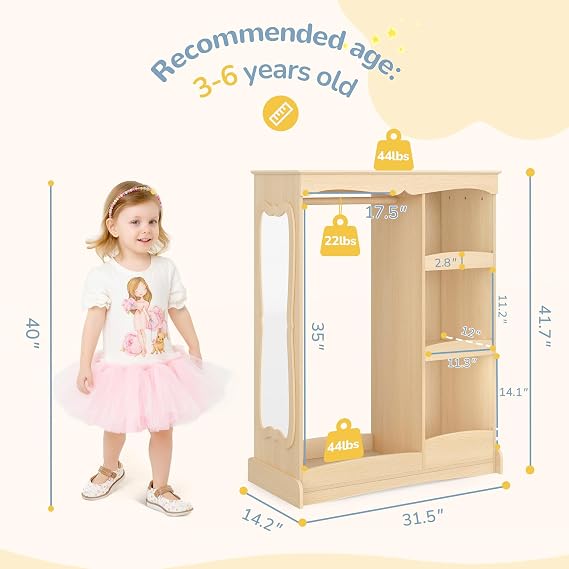 Curipeer Kids Dress Up Storage with Flower Mirror, Open Hanging Closet Wardrobe for Children, Kids Armoire & Costume Organizer for Bedroom Playroom Preschools Classroom, Wood Color