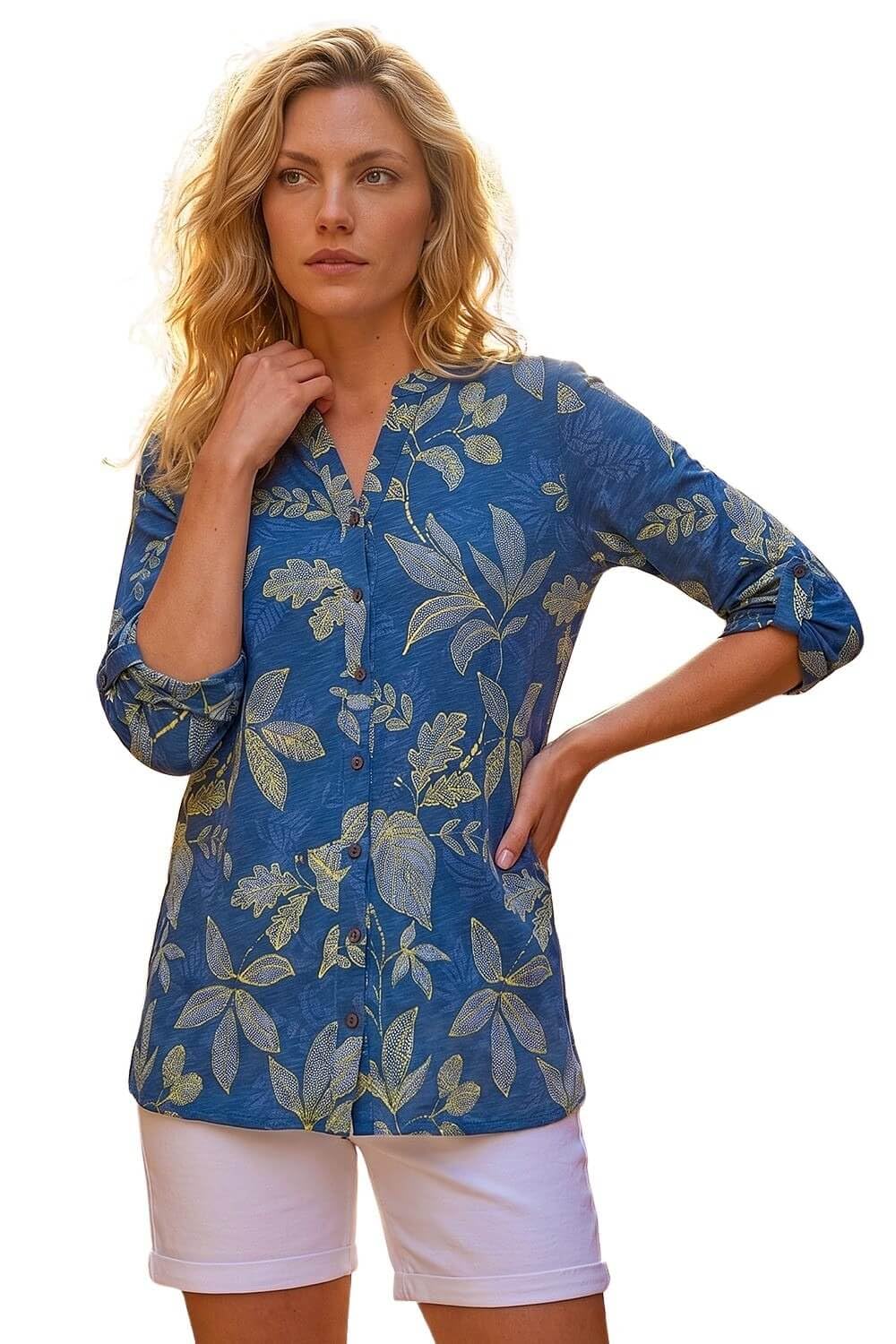 Roman Originals Women's Denim Shirt Top For Uk Collarless Blouse Smart Tunic Button Through Longline Asymmetric Hem 3/4 Length Roll Up Sleeves V Neck Going Out