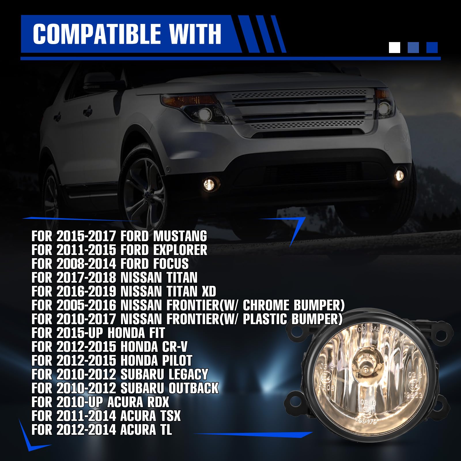 I1MOTOR Fog Lights Fit for [Ford Mustang 2015-2017/Explorer 2011-2015/Focus 2008-2014], Lamps Driver Passenger Replacement [A-cura RDX 2010-UP/TSX 2011-2014/TL 2012-2014]