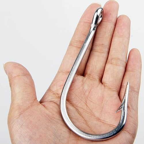 Miniatura 5 de Ganchos de tiburón gigantes grandes de agua salada, 7691 anzuelos de pesca de atún de acero inoxidable forjado con anillo extrafuerte tamaño 40-140