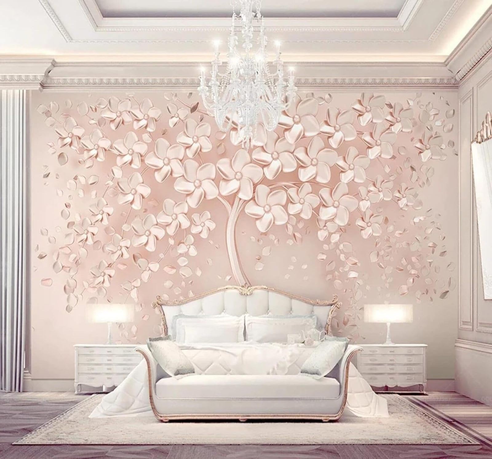XLMING Creative Luxurious Pink Flowers Trees 3D Wallpaper Luxury Silk Study Dining Feature Sofa Grey Bedroom Living Room Tv Decorative Wall-150cm×105cm