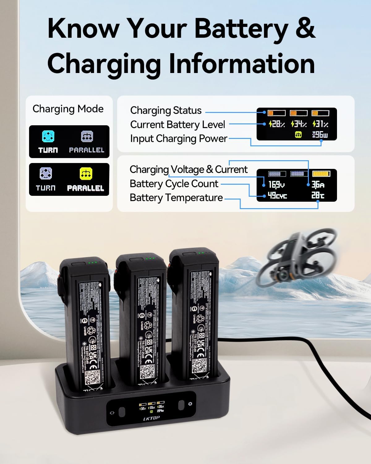 LKTOP 100W Avata 2 Battery Charging Hub LED screen displaying charging information
