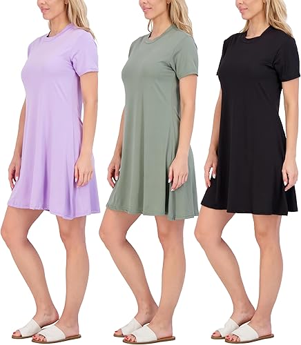 Real Essentials Paquete de 3 Vestido de manga corta súper suave para mujer, suelto, casual, liso, simple, camiseta de verano (disponible en Plus)