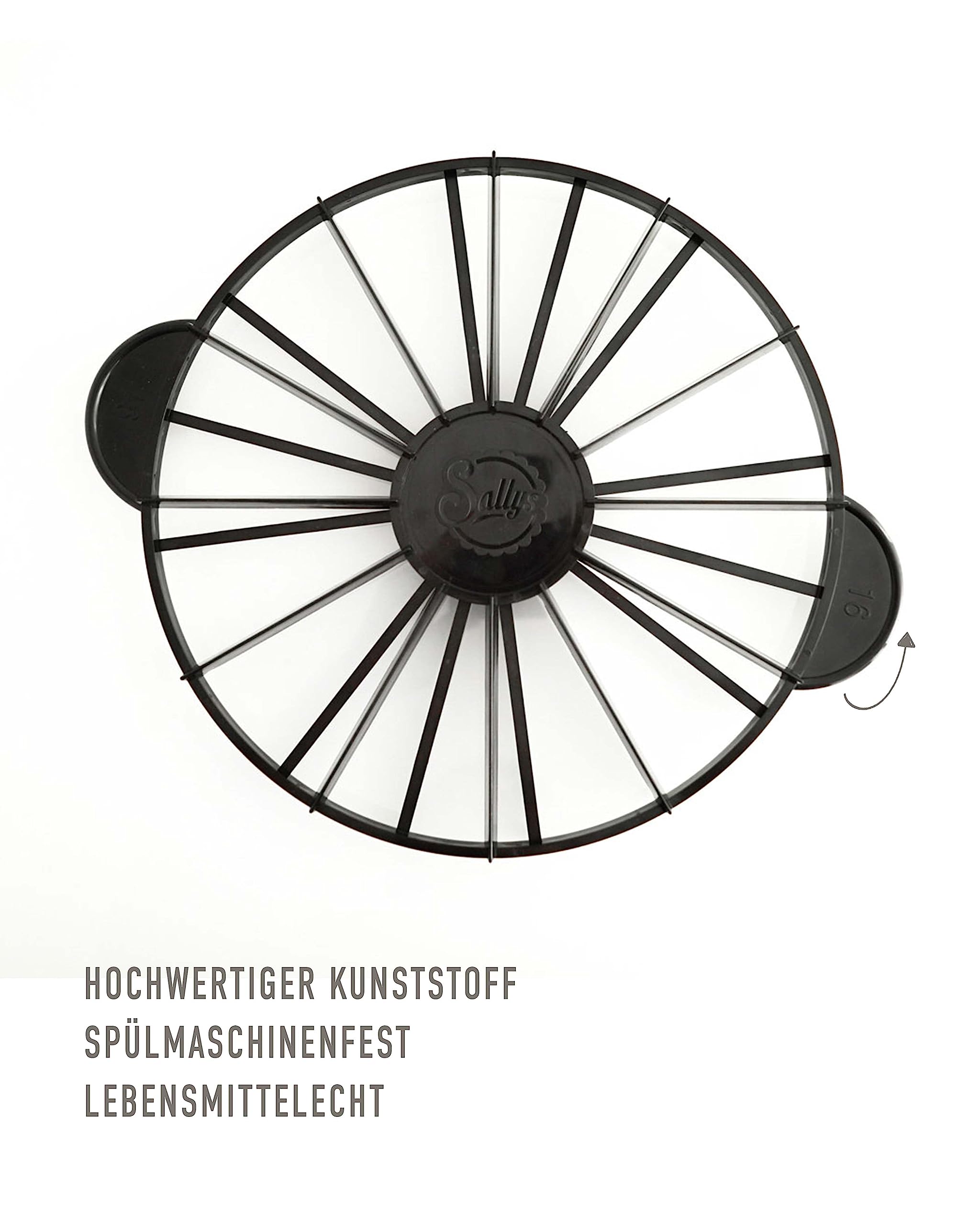Sallys Torteneinteiler - 12/16 Stücke - ⌀ 27 cm - schwarz, beidseitig wendbar und aus hochwertigem Kunststoff, Tortenbodenschneider, Kuchengitter, Backutensilien