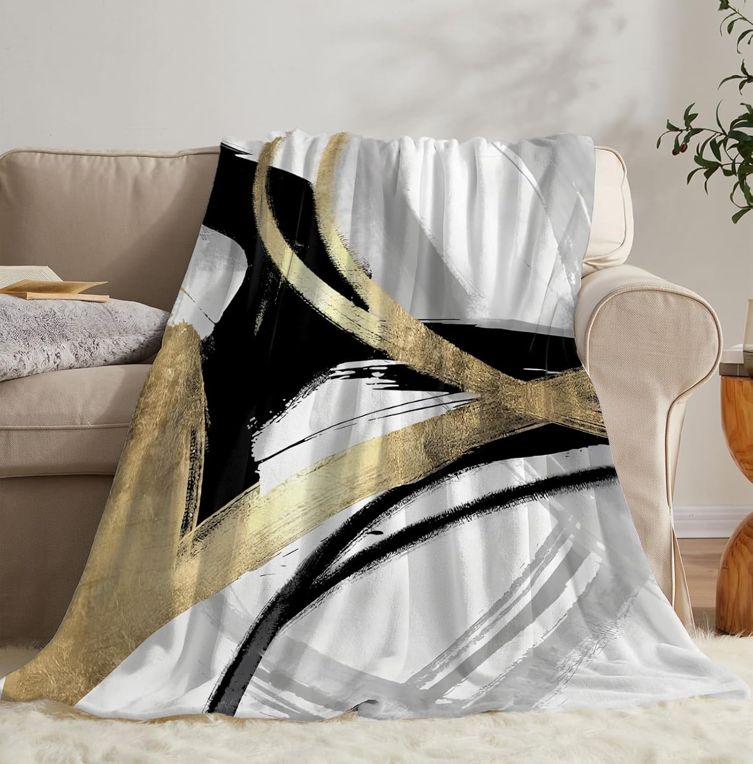 SPBL&L Black White and Gold Abstract Blanket, Minimalist Modern Ink Line Throw Blanket for Bed Couch Bedroom Living Room, Modern Room Home Decor - Image 4