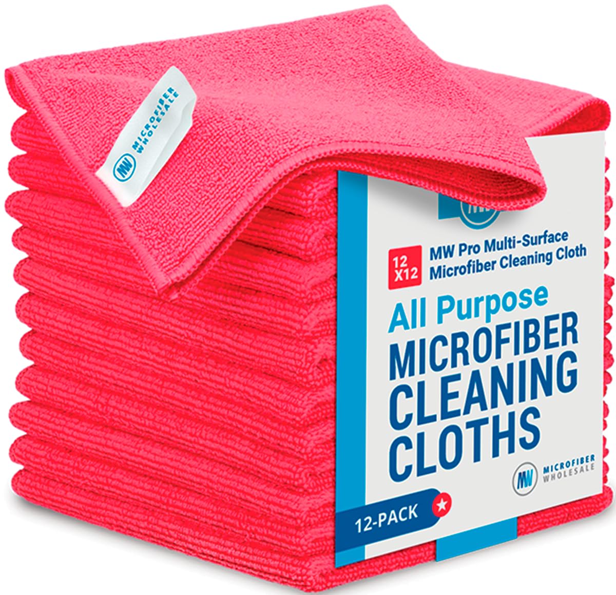 12" x 12" MW Pro Multi-Surface Microfiber Cleaning Cloths | Red - 12 Pack | Premium Microfiber Towels for Cleaning Glass, Kitchens, Bathrooms, Automotive, Supplies & ProductsCompact by Design (Certified by Amazon)