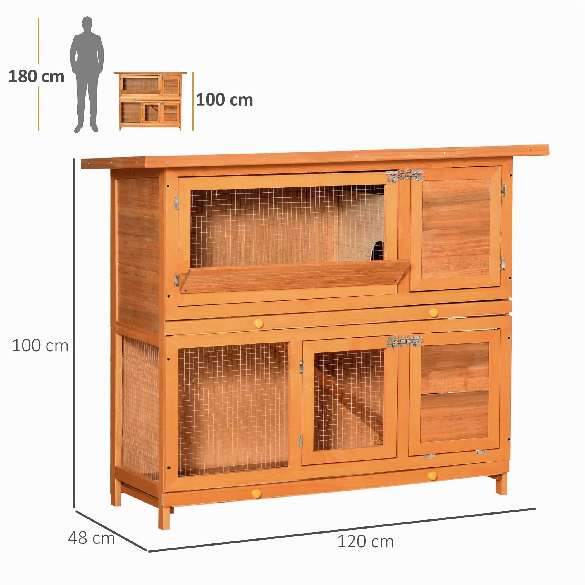 PawHut Kleintierstall mit Asphaltdach Doppelstock Gelb 120 x 48 x 100 cm | Kleintierkäfig, Kleintierhaus, Meerschweinchenstall, Nagerkäfig, Winterfest, Tannenholz