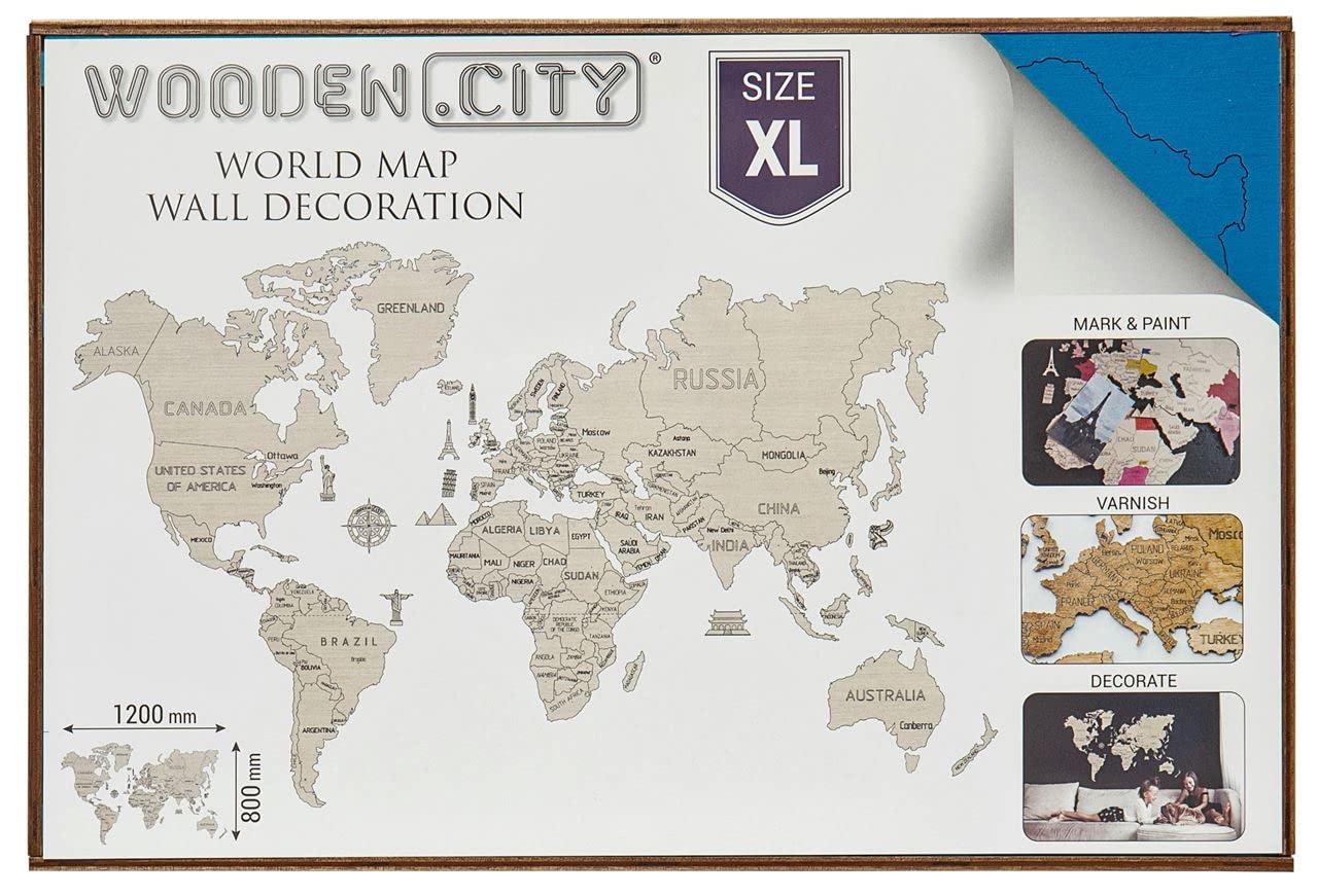 Wooden City Mapa del Mundo de Madera Talla XL (Cyan) 120 x 80 cm Color Uno