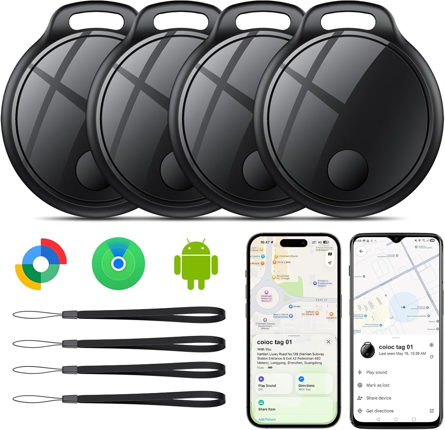 Air Tracker Tag 4-Pack: Tracker Item Finder for Google Find Hub or Apple Find My APP, 120dB Alarm Volume, Replaceable Battery, IP68, for Locate Keys, Luggage, Handbags, Wallets, Includes Lanyard.